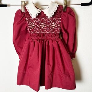 Vintage Floral Embroidered Smocked Dress Red 2T